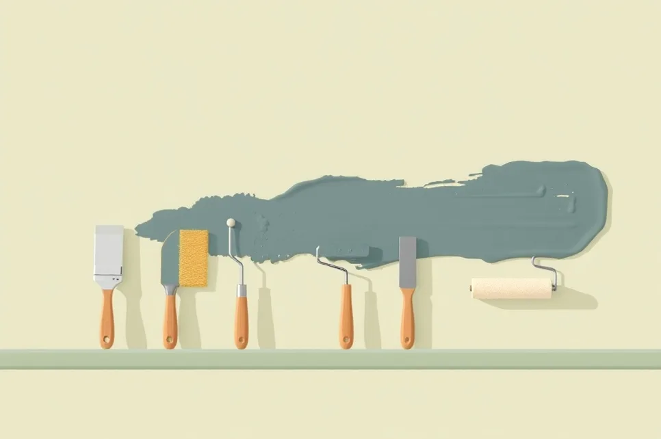 Outils de peinture disposés dans l'ordre des étapes du chantier