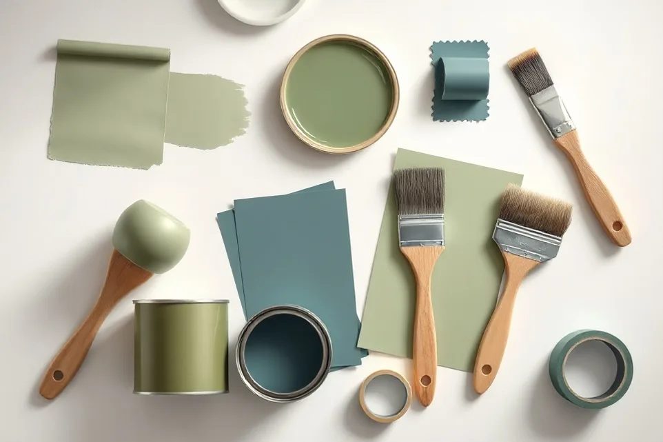 Pots de peinture, nuancier, brosses et rouleaux disposés à plat