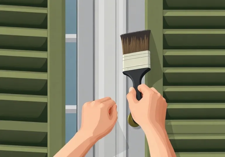 Mise en peinture au pinceau de volets et d'encadrements en bois