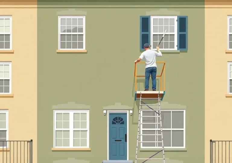 Peintre sur échafaudage traitant la façade d'une maison