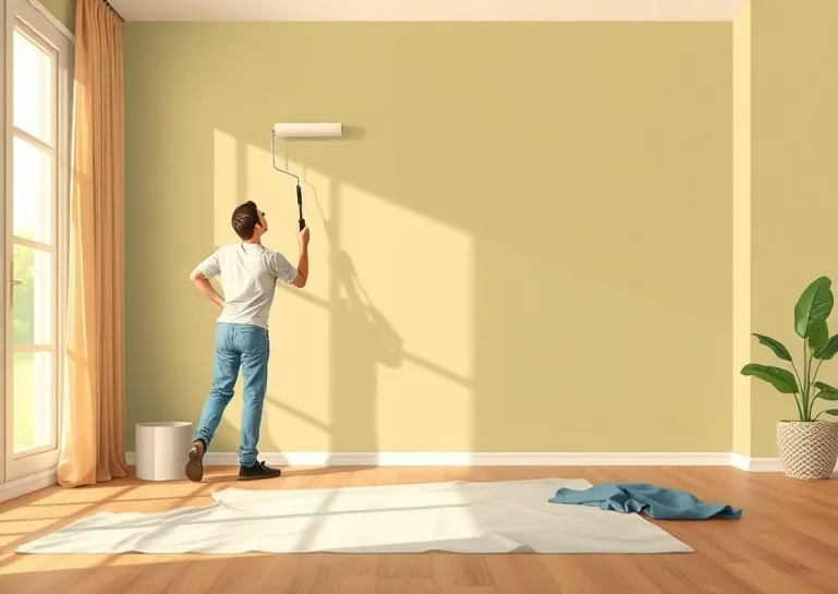 Peintre appliquant la peinture au rouleau sur un mur de salon